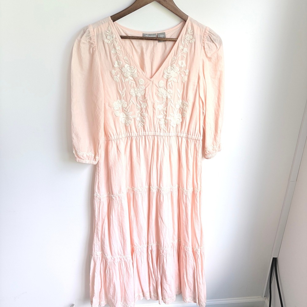 Lucky Brand Midi Dress XS Oversized Boho Pink Embroidered Tiered Cotton Peasant